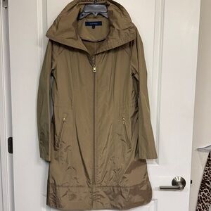 Cole Haan waterproof, Tan raincoat, adjustable waist, hidden hood. Size S/ps
